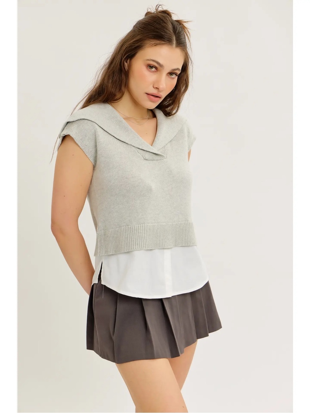 NWT Sailor Neck Cropped Knit Sweater Vest Twofer